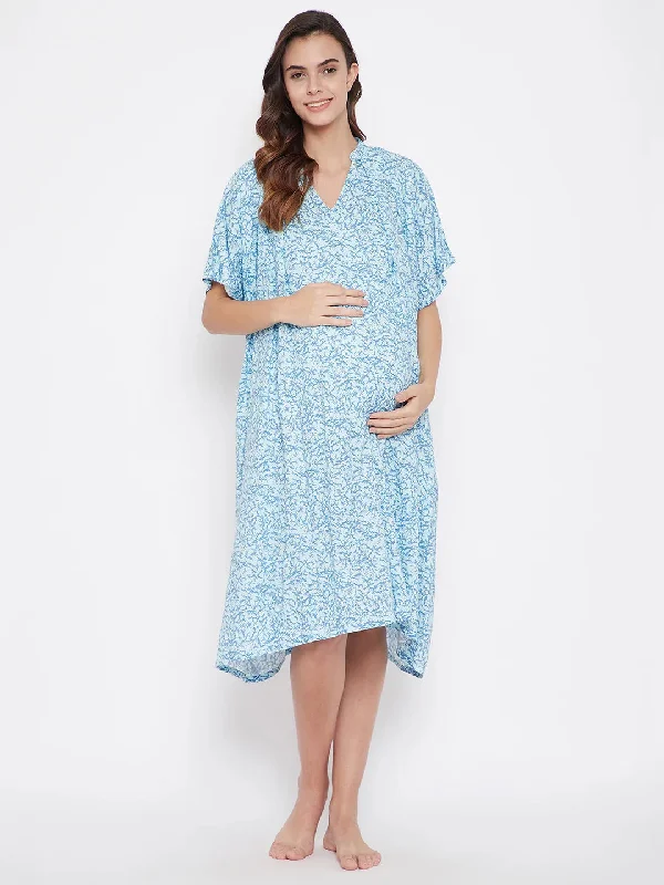 Blue Floweret Maternity Nightdress - (Clearance - Final Sale)