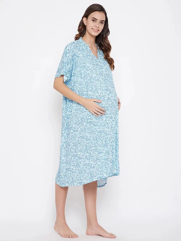 Blue Floweret Maternity Nightdress - (Clearance - Final Sale)