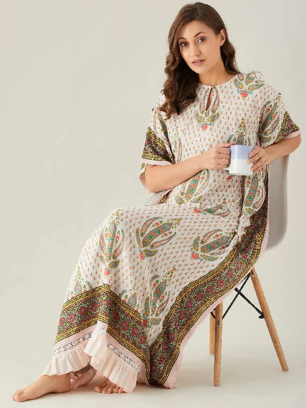 Floral Block and Border Maxi Kaftan with Frill Hem