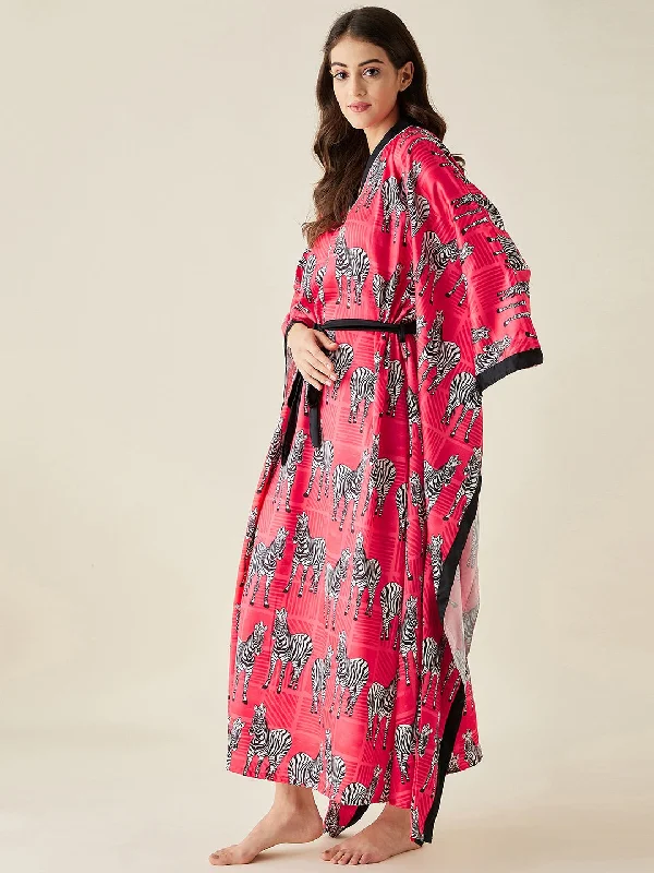 Fuschia Zebra Satin Kimono Loungewear