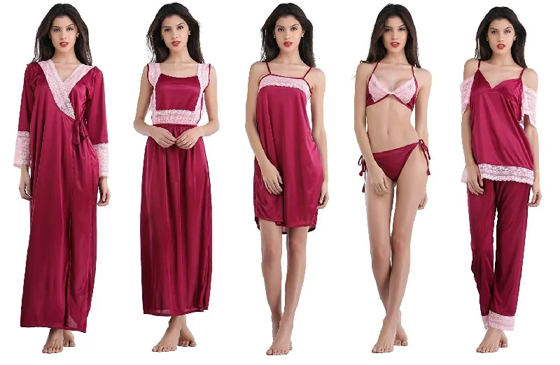 Designer mart Women's Satin Nightwear Set of 6 Pcs Nighty, Wrap Gown, Top,Pajama, Bra & Thong