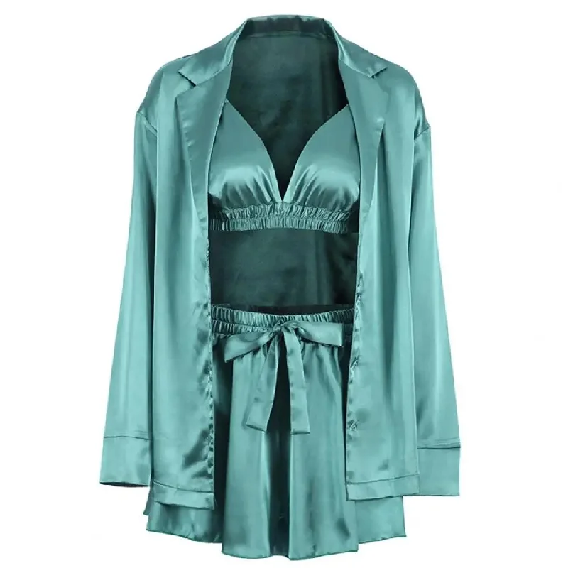 Satin Bra Robe Pajama Set Women Bathrobe Summer 3 Piece