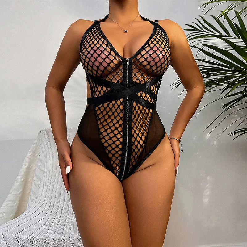 Sexy Bodysuit New Coarse Mesh Zipper Hanging Neck Sexy Lingerie