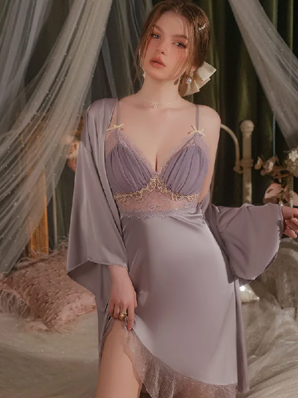 Sexy Embroidered Lace Backless Satin Nightgown Set