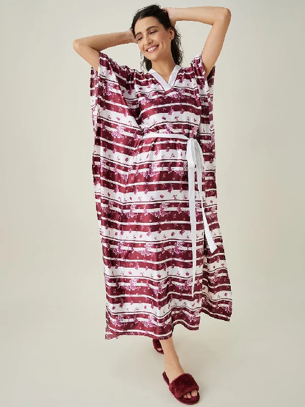 White and Maroon Ditsy Floral Loungewear Kaftan