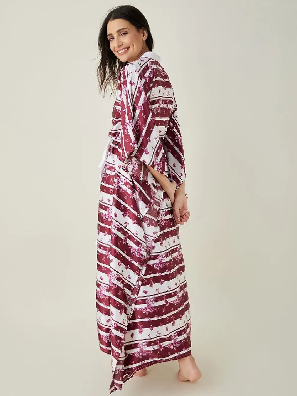 White and Maroon Ditsy Floral Loungewear Kaftan