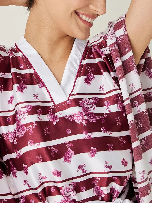 White and Maroon Ditsy Floral Loungewear Kaftan