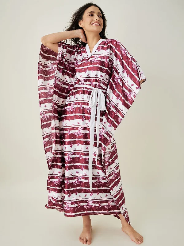 White and Maroon Ditsy Floral Loungewear Kaftan