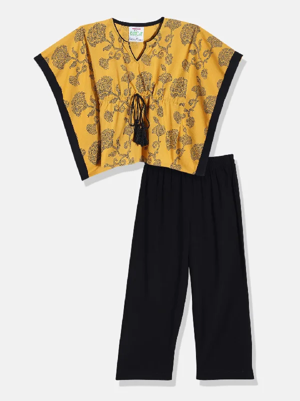 Yellow Doodled Floral Kaftan Pyjama Set