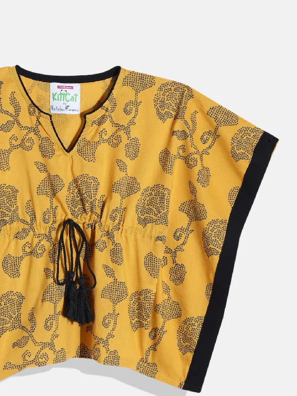 Yellow Doodled Floral Kaftan Pyjama Set