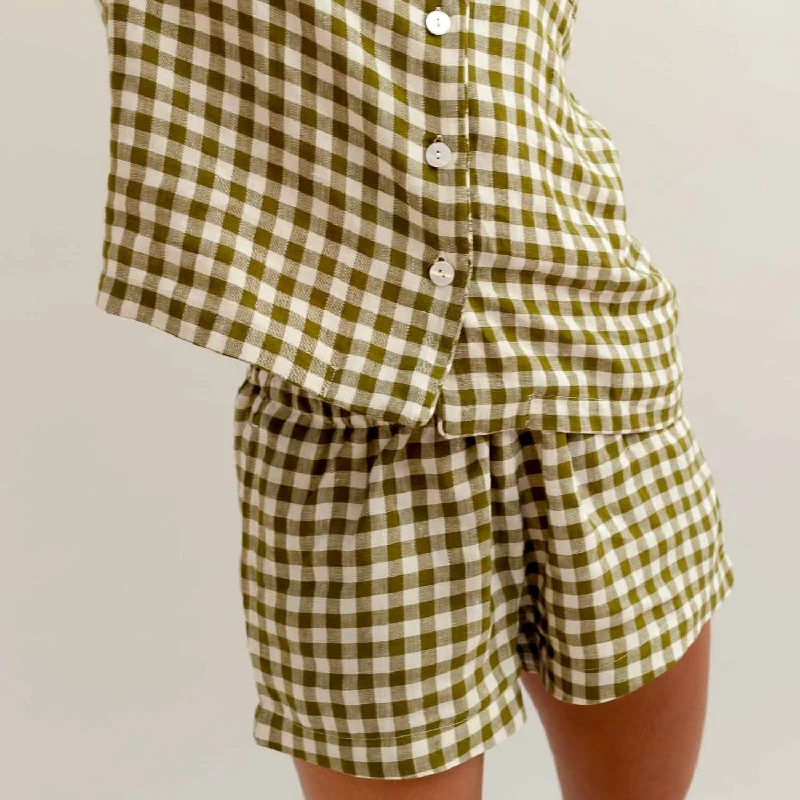 Botanical Green Gingham Linen Pyjama Shorts Set