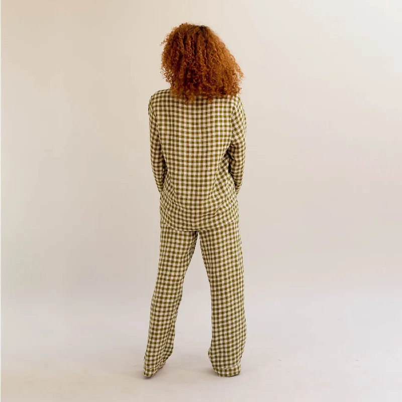 Botanical Green Gingham Linen Pyjama Trouser Set