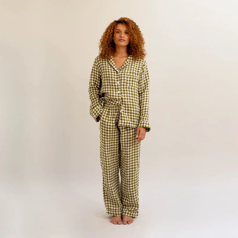 Botanical Green Gingham Linen Pyjama Trousers