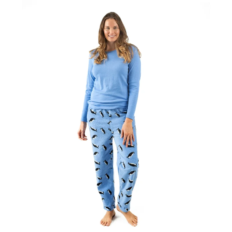 Christmas Womens Cotton Top and Fleece Pant Pajamas Penguin