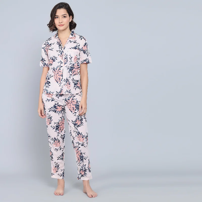 Pink Cotton Printed Night Suit Set with Pajama