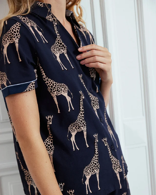 Organic Cotton Giraffe Print Short Pyjama Set - Navy