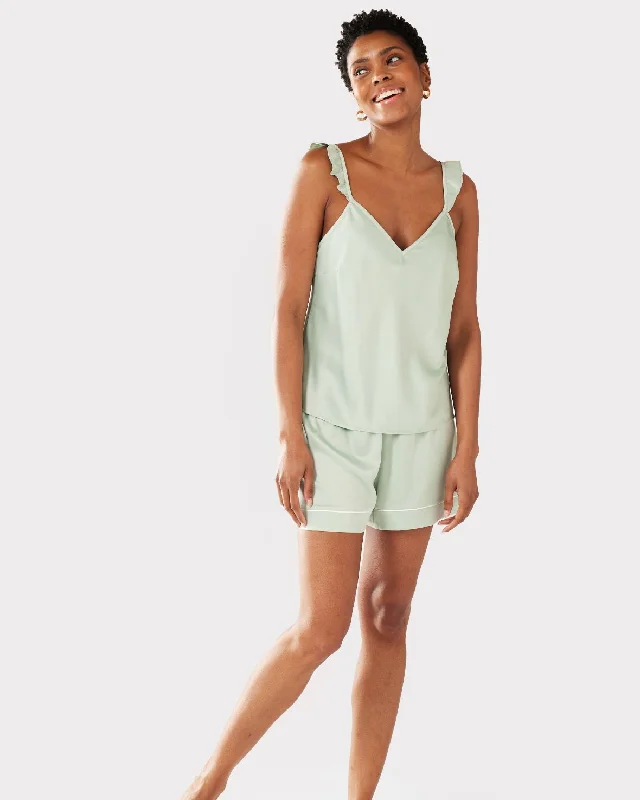 Satin Frill Trim Cami Short Pyjama Set - Sage