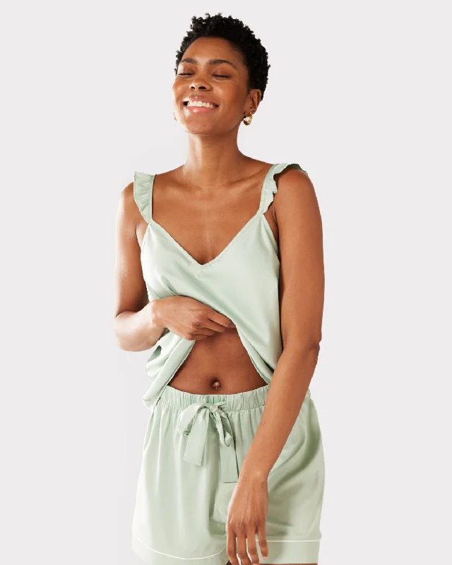 Satin Frill Trim Cami Short Pyjama Set - Sage