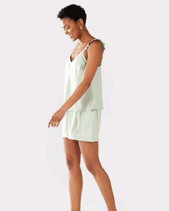 Satin Frill Trim Cami Short Pyjama Set - Sage