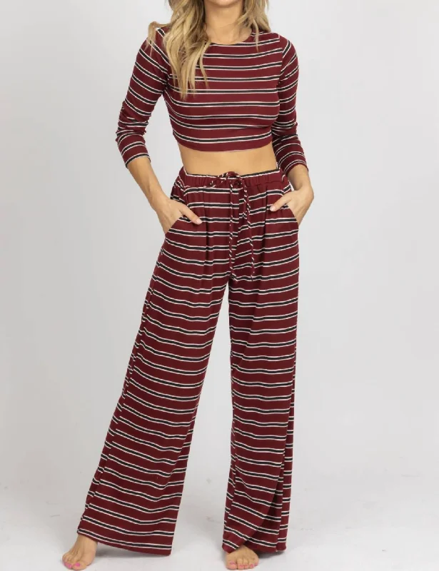 Stripe Ribbed Pant Set In Burgundy