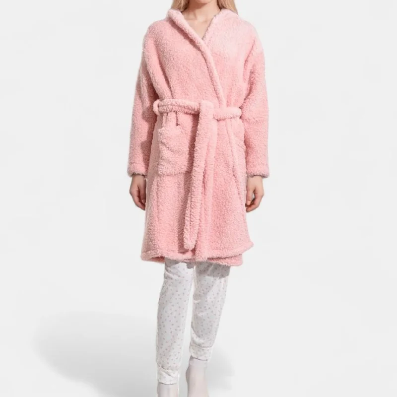 Winter Sherpa Fleece Tie-Up Hooded Gown With Pockets - Pink