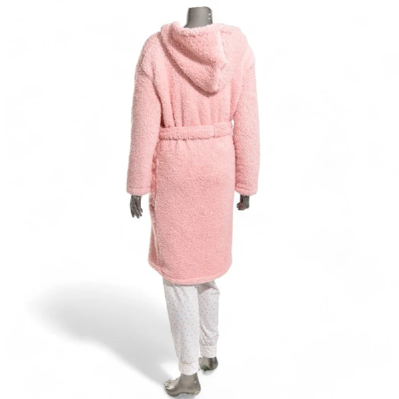 Winter Sherpa Fleece Tie-Up Hooded Gown With Pockets - Pink