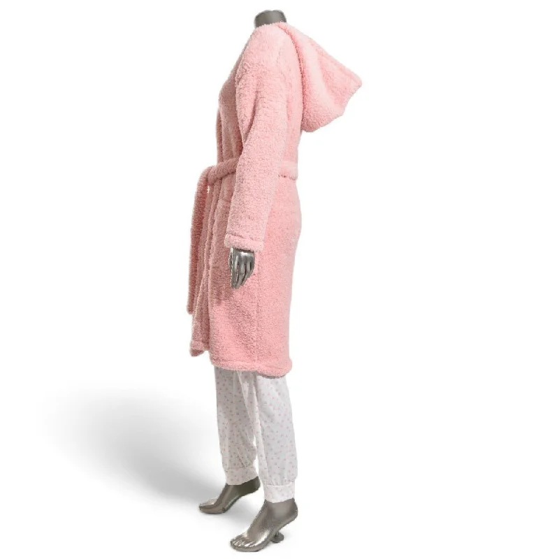 Winter Sherpa Fleece Tie-Up Hooded Gown With Pockets - Pink