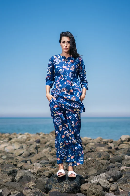 Women Blue Cotton Printed Night Suit Set