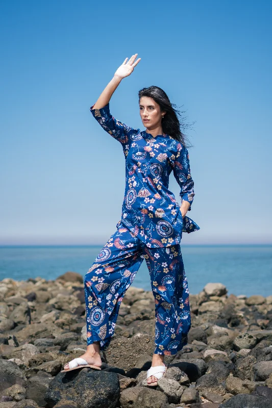 Women Blue Cotton Printed Night Suit Set