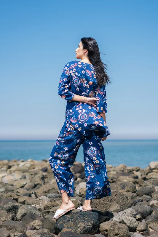 Women Blue Cotton Printed Night Suit Set