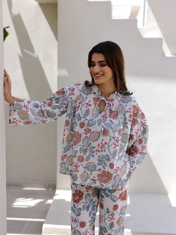 Women Flower Printed Full Sleeves Night Suit