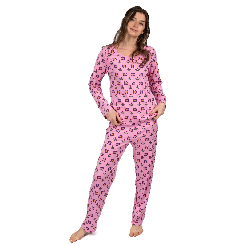 Womens Two Piece Cotton Loose Fit Pajamas Flower Pot